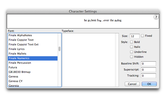 Character Settings dialog box