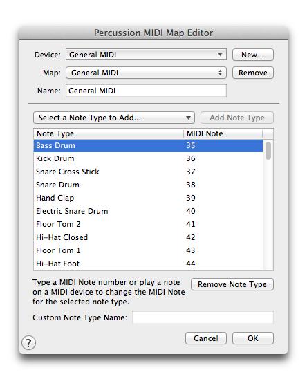 Percussion MIDI Map Editor dialog box