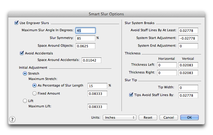 Smart Slur Options dialog box