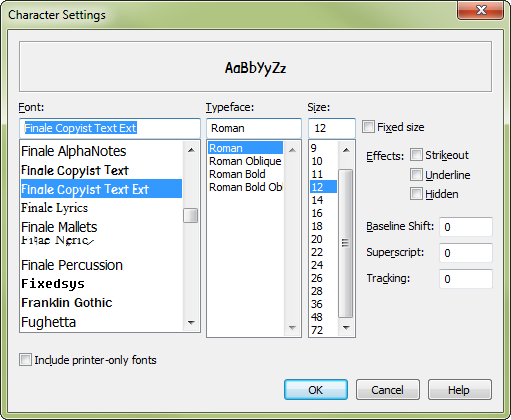 Character Settings dialog box
