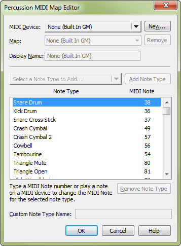 Percussion MIDI Map Editor dialog box