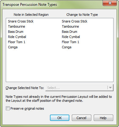 Transpose Percussion Note Types dialog box