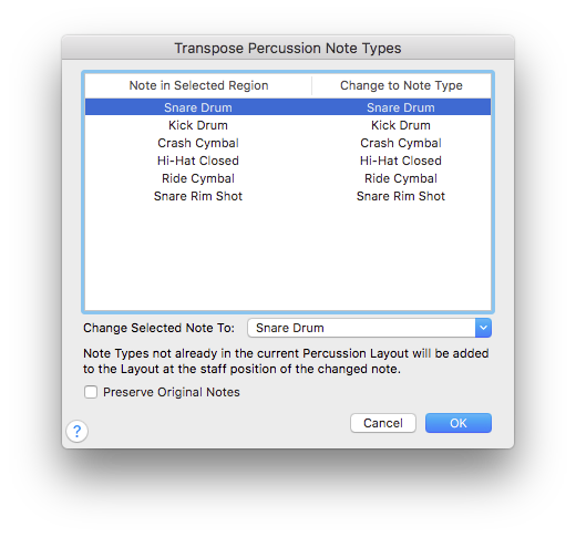 Transpose Percussion Note Types dialog box